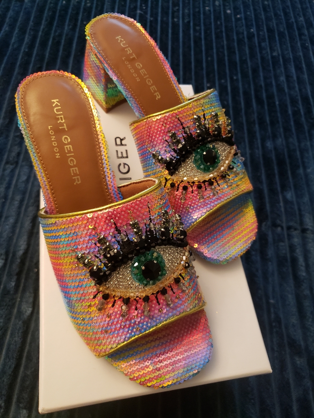Kurt Geiger Rainbow Sequin Olive Block Eye Embellished Slide Mules Size 7.5 New